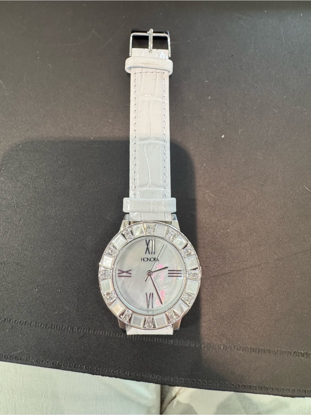 BRAND NEW Honora Ladies Watch Mother of Pearl White Topaz Croc Leather Band
